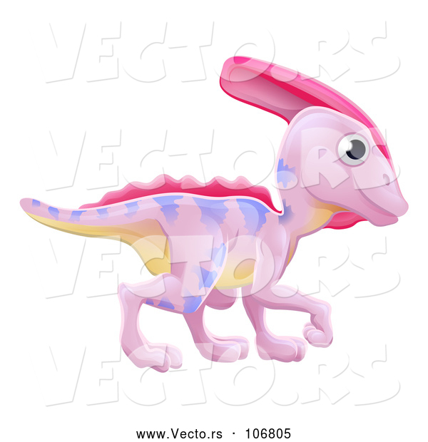 Vector of Cartoon Pink Parasaurolophus Dinosaur