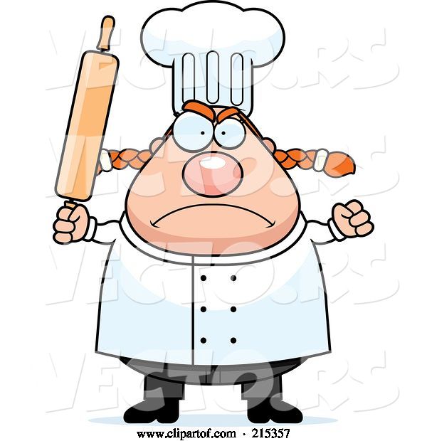 Vector of Cartoon Plump Angry Female Chef Holding up a Rolling Pin