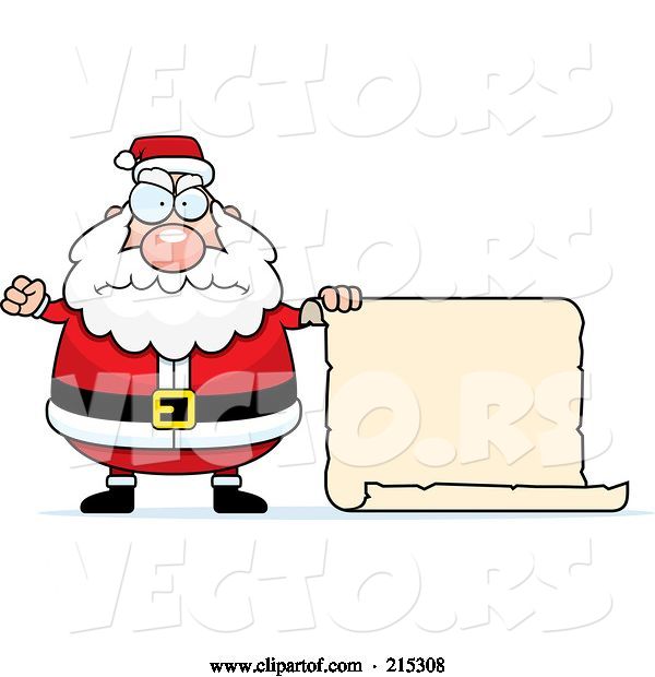 Vector of Cartoon Plump Angry Santa with a Blank Scroll Sign