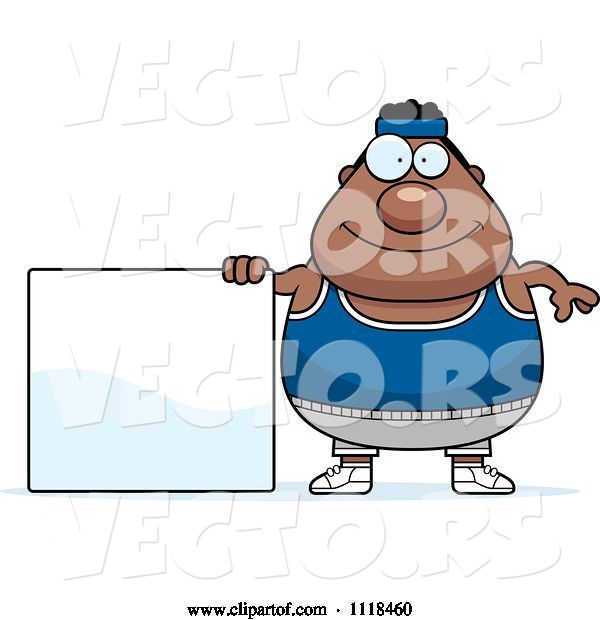 Vector of Cartoon Plump Black Gym Guy with a Sign