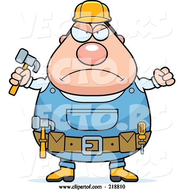 Vector of Cartoon Plump Builder Guy with a Fist and Hammer