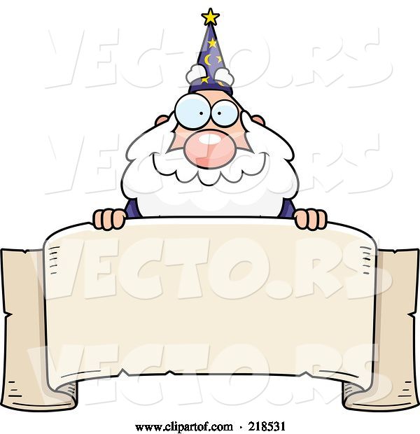 Vector of Cartoon Plump Old Wizard Looking over a Blank Banner