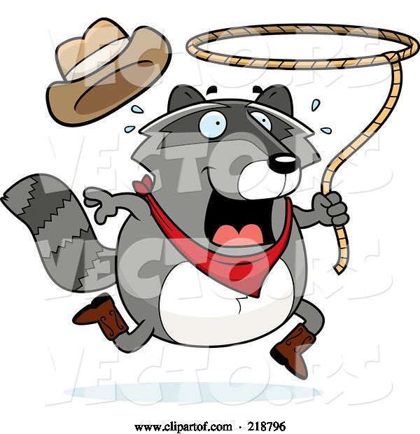 Vector of Cartoon Plump Raccoon Cowboy Swinging a Lasso