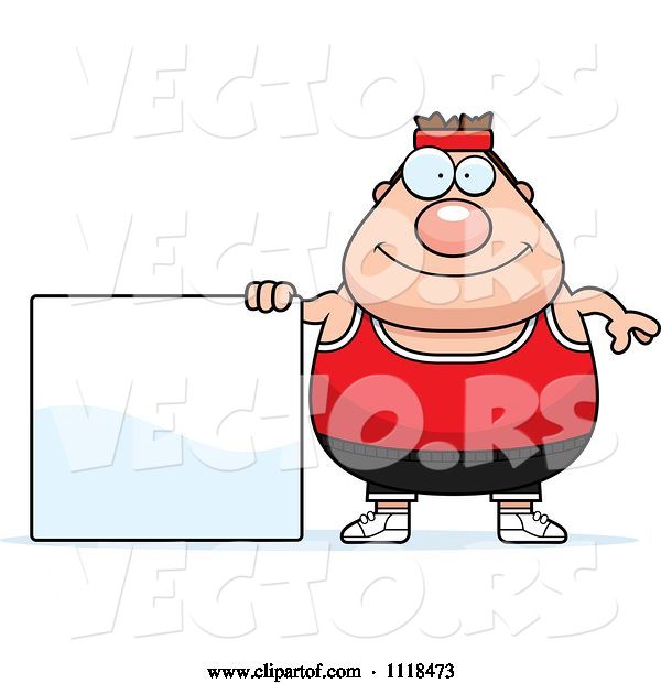Vector of Cartoon Plump White Gym Guy with a Sign