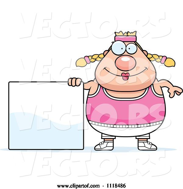 Vector of Cartoon Plump White Gym Lady with a Sign
