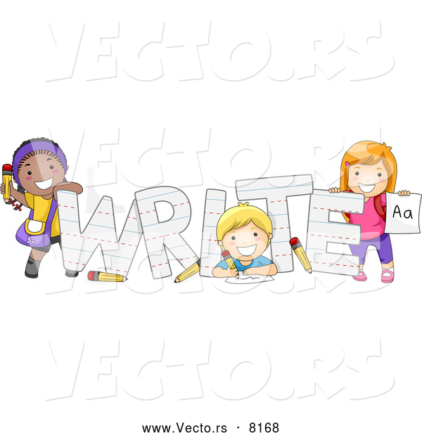 Vector of Cartoon Preschool Kids Happily Posing Beside the Word 'WRITE'