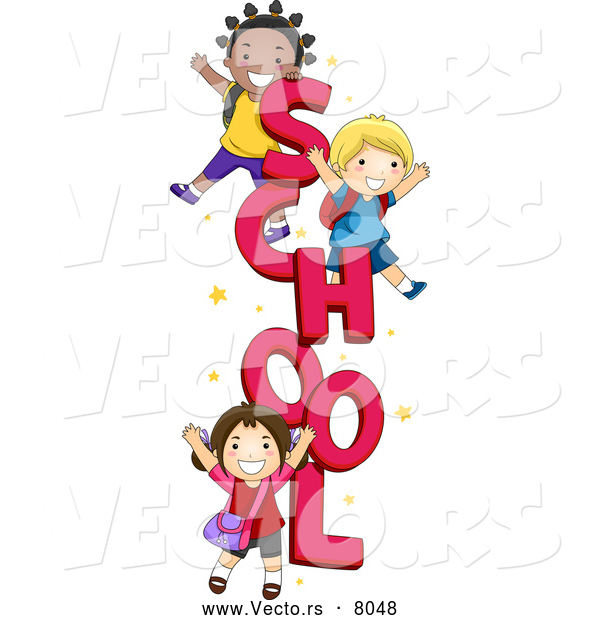 Vector of Cartoon Preschool Kids Happily Standing Beside the Word 'SCHOOL'