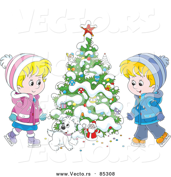 Vector of Cartoon Puppy with Children Ice Skating Beside a Flocked Christmas Tree