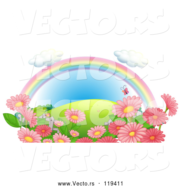 Vector of Cartoon Rainbow over a Hill with Pink Flowers and Butterflies