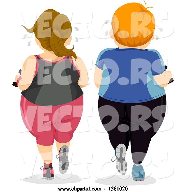 Vector of Cartoon Rear View of a Chubby White Couple Working out Together