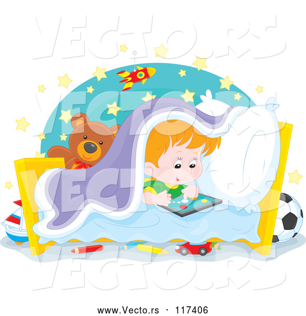 Vector of Cartoon Red Haired Boy Playing at Bed Time