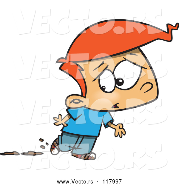 Vector of Cartoon Red Haired Boy Worried About Muddy Shoes