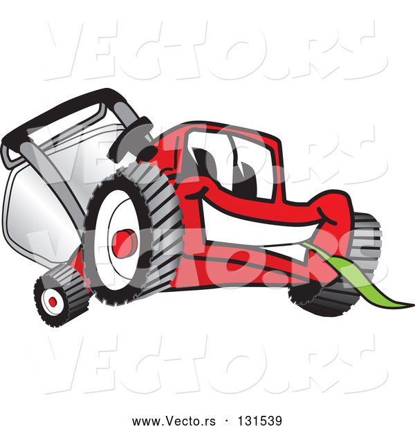 Vector of Cartoon Red Lawn Mower Mascot Character Smiling and Eating Grass