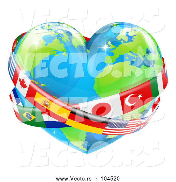 Vector of Cartoon Reflective Heart Earth Globe with National Flag Sashes