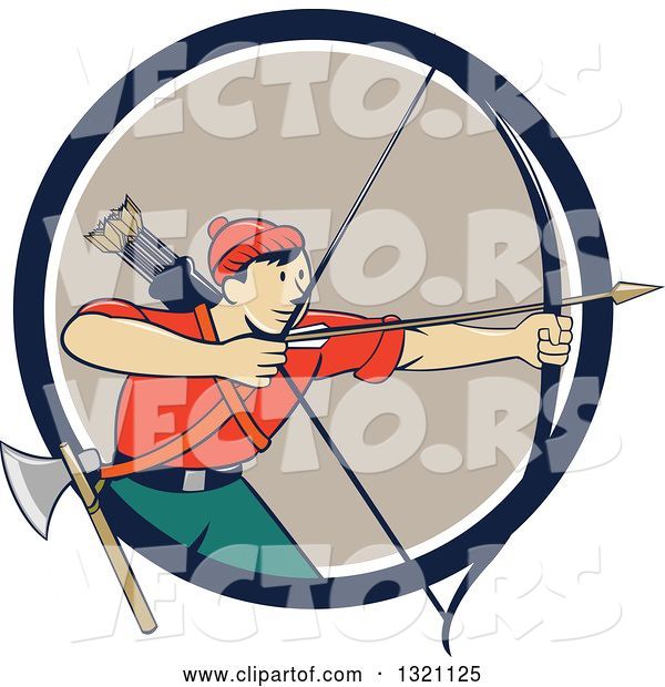 Vector of Cartoon Retro Male Archer Aiming an Arrow and Emerging from a Navy Blue White and Tan Circle