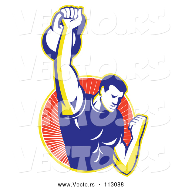 Vector of Cartoon Retro Male Bodybuilder Lifting a Kettlebell and Emerging from a Yellow and Red Ray Circle