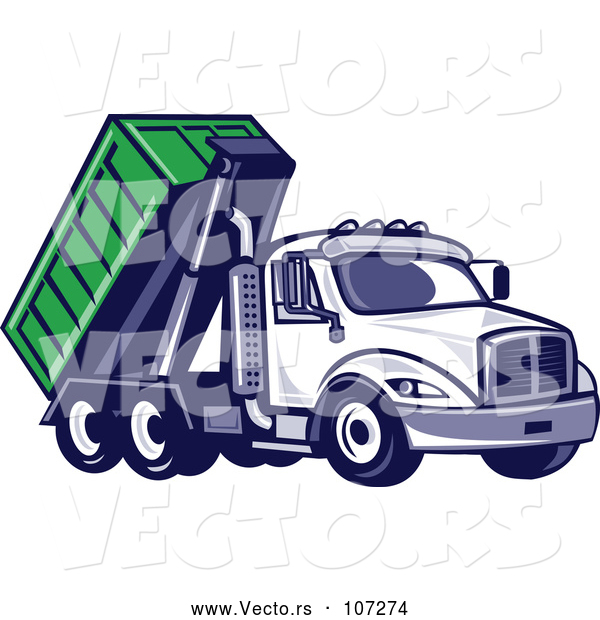 Vector of Cartoon Retro Roll off Bin Dump Truck