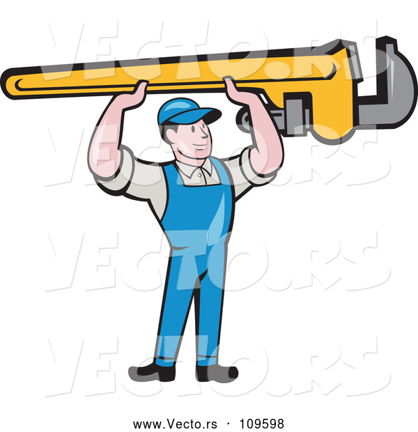 Vector of Cartoon Retro White Male Plumber Holding up a Giant Monkey Wrench