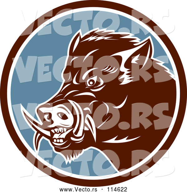 Vector of Cartoon Retro Wild Boar Pig in a Brown White and Blue Circle