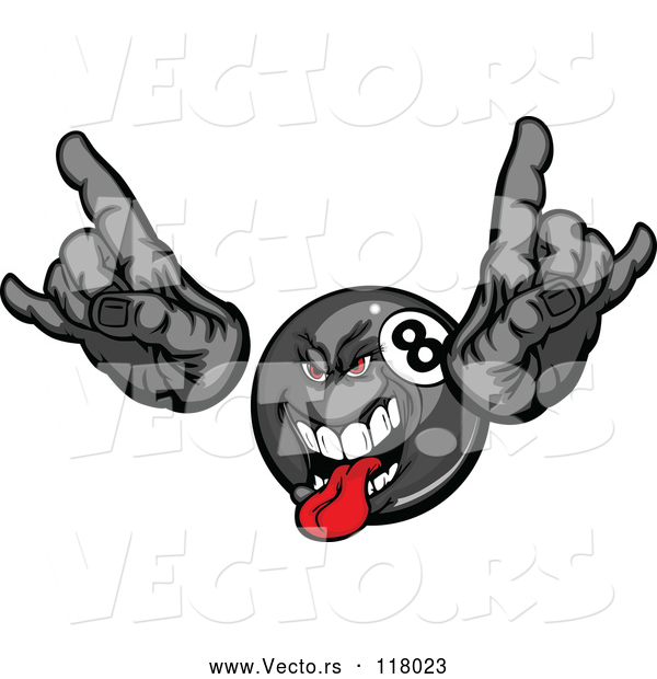Vector of Cartoon Rocker Dude Billiards Eightball Holding up Fingers and Sticking out His Tongue