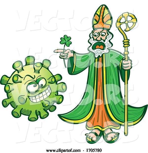 Vector of Cartoon Saint Patrick Chasing a Coronavirus