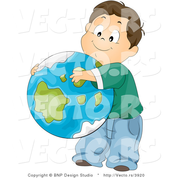Vector of Cartoon School Boy Hugging Planet Earth