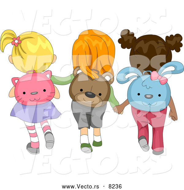 Vector of Cartoon School Girls Wearing Animal Backpacks While Walking Together