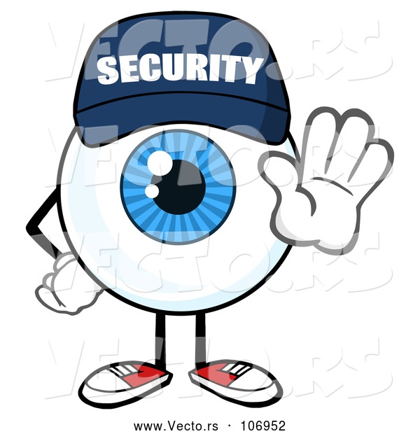 Vector of Cartoon Security Guard Eyeball Character Mascot Gesturing Stop