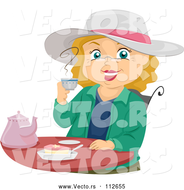Vector of Cartoon Senior White Lady Smiling and Drinking Tea