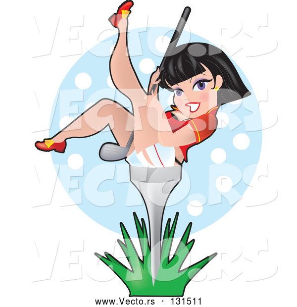 Vector of Cartoon Sexy Black Haired Lady Holding a Golf Club Between Her Legs and Leaning Back on a Golf Tee in Grass