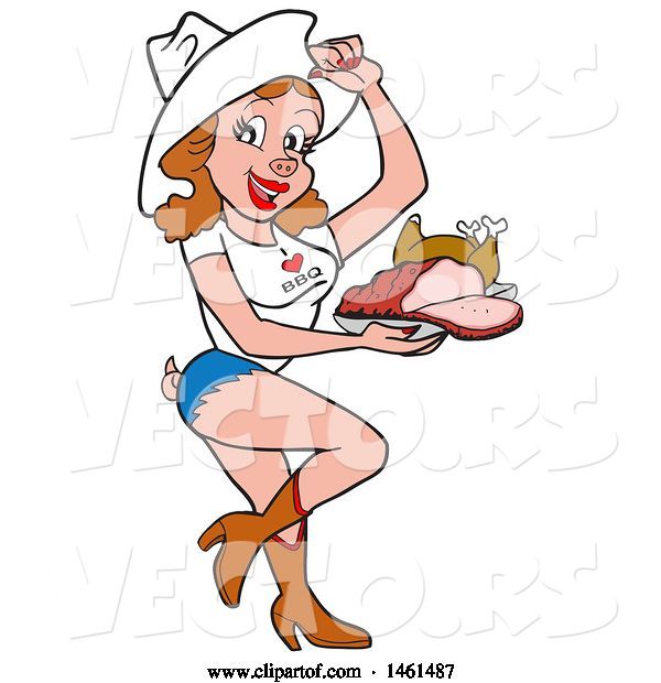 Vector of Cartoon Sexy Pig Cowirl with Brisket and Roasted Chicken on a Tray