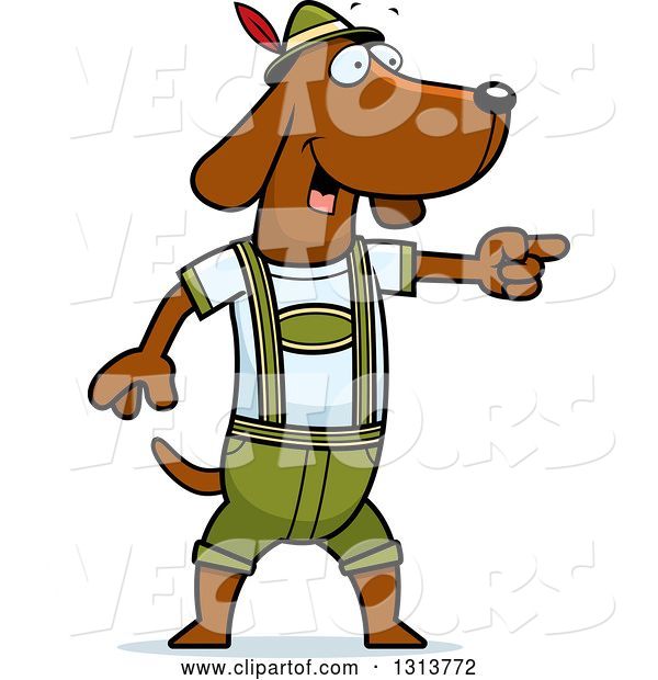 Vector of Cartoon Skinny German Oktoberfest Dachshund Dog Wearing Lederhosen and Pointing to the Right