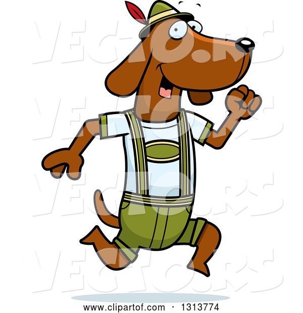 Vector of Cartoon Skinny German Oktoberfest Dachshund Dog Wearing Lederhosen and Running to the Right