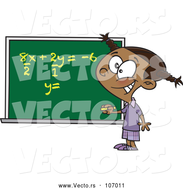 Vector of Cartoon Smart Black School Girl Solfing a Math Equation on a Chalk Board
