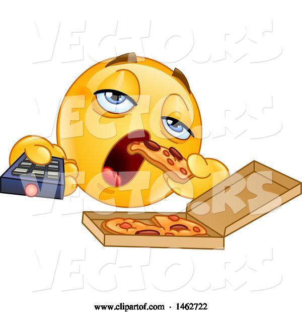 Vector of Cartoon Smiley Couch Potato Emoticon Eating Pizza and Holding a Tv Remote
