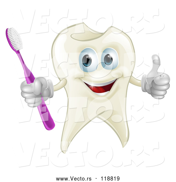 Vector of Cartoon Smiling Happy Tooth Mascot Holding a Thumb up and Toothbrush