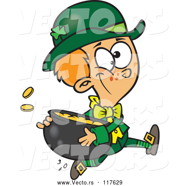 Vector of Cartoon St Patricks Day Leprechaun Boy Running with a Pot of Gold