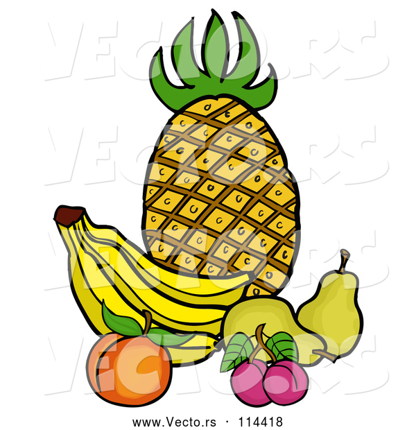 Vector of Cartoon Still Life of Pineapple, Bananas, a Peach, Plums and Pears
