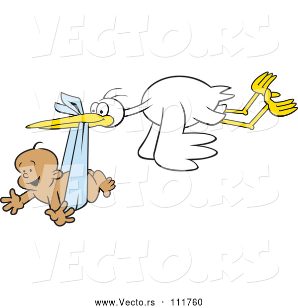 Vector of Cartoon Stork Bird Flying a Happy Black Baby Boy in a Blue Bundle
