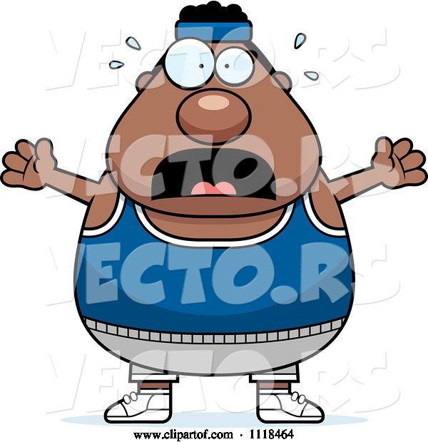 Vector of Cartoon Stressed Plump Black Gym Guy