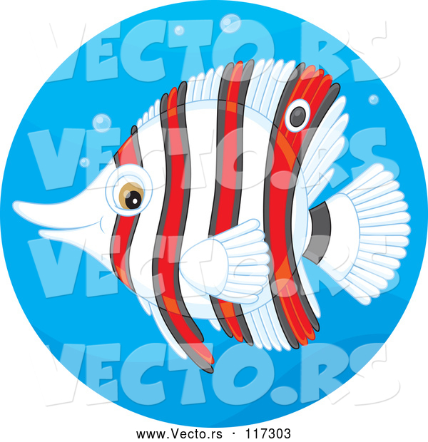 Vector of Cartoon Striped Red and White Butterflyfish in a Water Circle