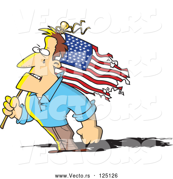 Vector of Cartoon Strong Guy Holding a Battered American Flag