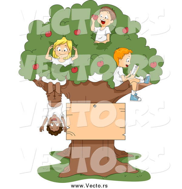 Vector of Cartoon Summer Kids Playing in an Apple Tree with a Blank Sign
