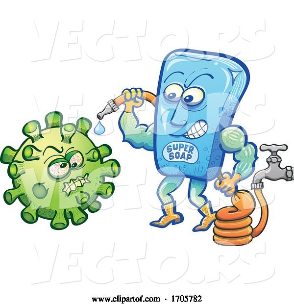 Vector of Cartoon Super Soap Bar Spraying Coronavirus