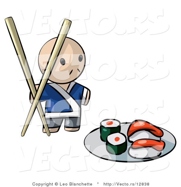 Vector of Cartoon Sushi Chef with Giant Chopsticks Beside Plate of Raw Food