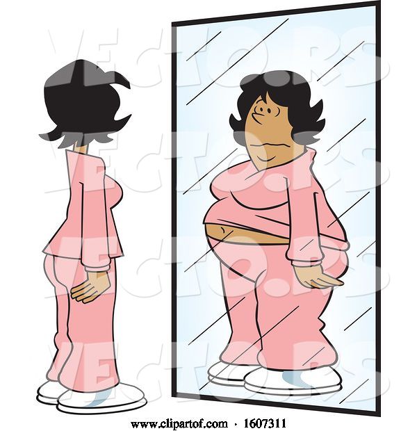 Vector of Cartoon Thin White Lady Seeing Herself As Chubby in the Mirror