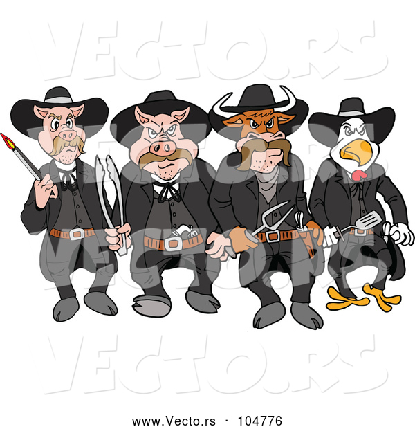 Vector of Cartoon Tough Cow Rooster and Pig Lawmen Walking Forward with Bbq Tools