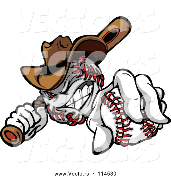 Vector of Cartoon Tough Cowboy Baseball Mascot Holding a Bat and a Ball