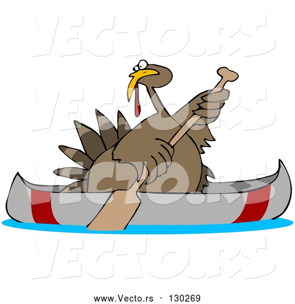 Vector of Cartoon Turkey Bird Paddling a Canoe