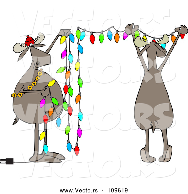 Vector of Cartoon Two Festive Moose Hanging Christmas Lights